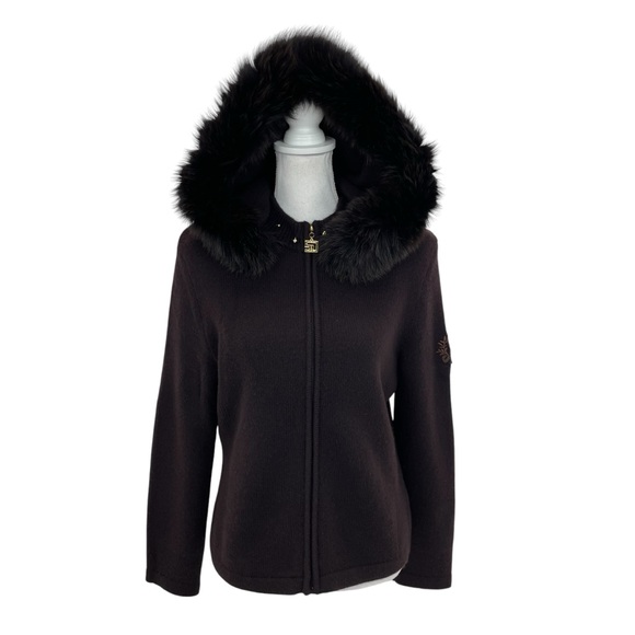 St. John Cashmere Fur Trimmed Sweater Small Brown - Picture 2 of 16